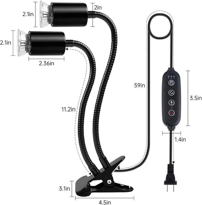 LUCKY HERP Reptile Heat Lamp, Dual Head UVA UVB Reptile Light with Cycle Timer, 360°Rotatable Dimmable Aquarium Turtle Tank Basking Light with 4 Bulbs (2PCS 25W and 2PCS 50W)
