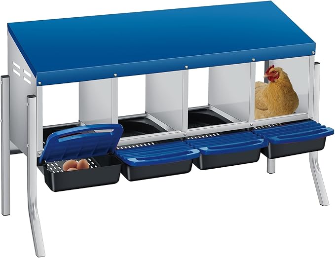 4-Compartment Metal Chicken Nesting Box with Stand – Heavy Duty Poultry Nest with Removable Tray & Waterproof Roof – Non-Slip Base, Wall Mountable for Backyard Coops & Farms (Blue)