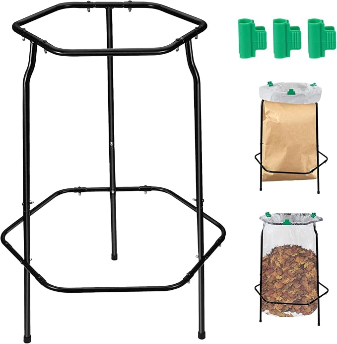 Aobiono Trash Leaf Bag Holder Stand, Garbage Bag Support Frame for 30-55 Gallon Lawn Bags, for Yard Kitchen Garden Outdoor Camping Waste, with Reusable Bag Clips, Heavy Duty (Black)