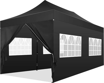 COBIZI 10x20 Pop Up Canopy with 6 Sidewall,Heavy Duty Canopy UPF 50+ All Season Wind Waterproof Commercial Outdoor Wedding Party Tents for Parties Gazebo with Roller Bag(10 x 20 ft Black)
