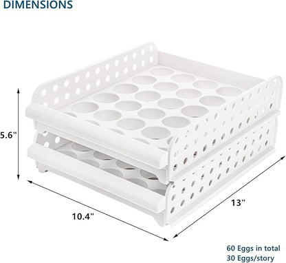 DEAYOU 60 Egg Drawer for Refrigerator, 2-Layer Stackable Egg Holder Storage Container for Countertop, Large Capacity Plastic Fresh Egg Tray Dispenser Organizer Keeper with Handle for Kitchen