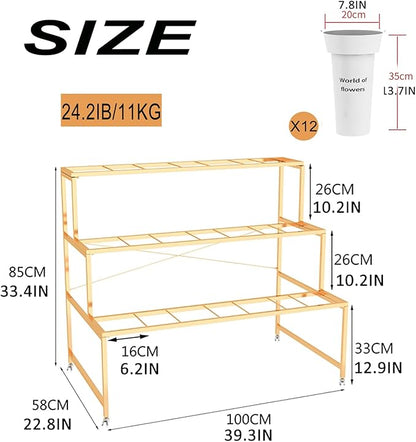 Flower Display Stand With 12PCS Buckets, 3 Layers Metal Plant Stand with Wheels, Heavy Duty Moving Plant Cart Shelf, for Indoor, Outdoor Patio Garden, Living Room, Florist (White - Round Bucket)
