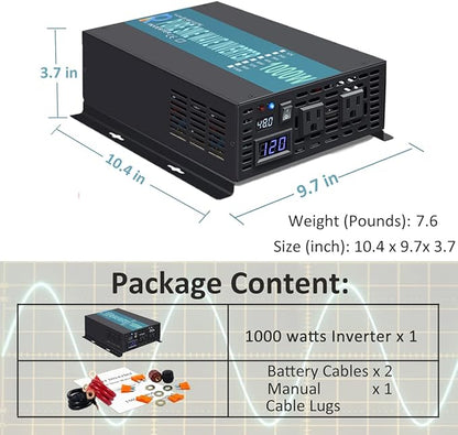 WZRELB 1000W 48V 120V Pure Sine Wave Power Inverter with 2 AC Outlets,Car Inverter