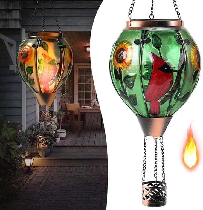 Hot Air Balloon Solar Lantern - Cardinal Bird Glass Lantern, Simulated Flickering & Dancing Flame, Outdoor Hanging Yard Light Waterproof IP65 for Patio Lawn Porch Decor Gift