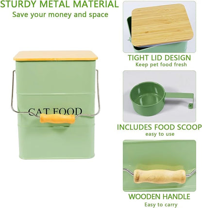 Morezi Cat Food Storage Container Storage bin with Wooden lid Scoop Included Green Metal cat Food Container in Kitchen countertop
