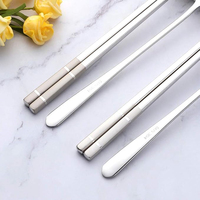 Buyer Star Stainless Steel Korean Chopsticks Spoons and Fork Set, 2 Pack Reusable Forks and Spoons Silverware Korean Utensil Set, Portable Utensils Dinnerware for Home (Silver)