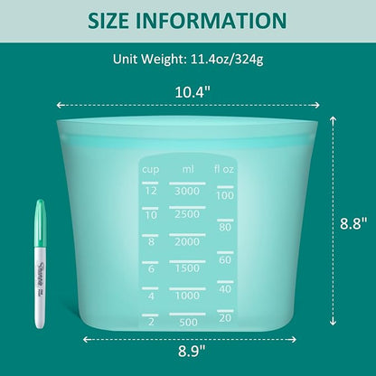Extra Large Reusable Silicone Food Storage Bags 4 Pack, 0.8 Gallon/3000ml, 100% Silicone Stand-Up Wide-Open Zip-Lock Reusable Bags for Large Items, Microwave Freezer Oven Dishwasher Safe, Aqua