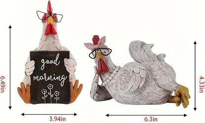 2 Pack Rooster and Chicken Decor, Rustic Farmhouse Resin Statues - Rooster Kitchen Decor, Chicken Home Decor for Tabletop, Bookshelf, Office, Festival Gift