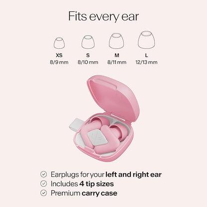 Alpine Silence Earplugs for Sleep, Focus & Travel - V-Shape Snug Fit & Soft Oval Tips – 4 Sizes XS/S/M/L - Comfortable, Reusable Hearing Protection - 22dB – Pink