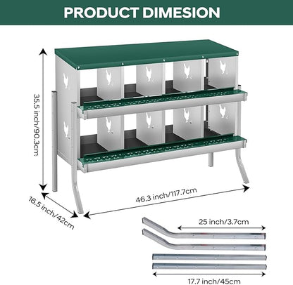 Nesting Boxes for Chickens, 8 Compartments, Nesting Boxes with 4 Dummy Eggs and 10 Dampproof Pets Mats, Green, Stainless Steel, Wall-Mountable & Roll Away Design with Stand