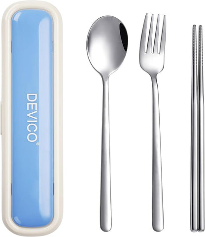 DEVICO Utensils for Lunch Box, Portabl Korean Chopsticks Fork and Spoon Set | 4Pcs 18/8 Stainless Steel Travel Silverware Set with Case, for Camping/School, for Kids/Adults, Dishwasher Safe, Beige-Blue