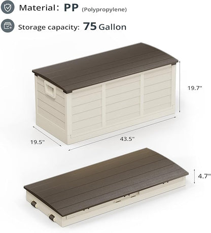 Outvita Foldable 75 Gallon Outdoor Storage Box, Plastic Storage Containers with Lid, Patio Deck Box Furniture for Garden, Pool, Balcony, Yard (Brown)