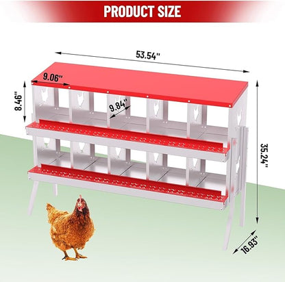 Metal Chicken Nesting Box, 10 Compartments, Rollout Egg Collection, Large Vented Holes, Perch Included, Wall Mount or Free Standing Laying Box for Hens and Chickens - Red with Legs