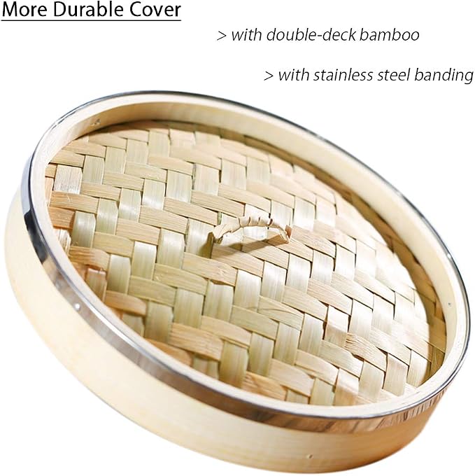 Hcooker. Bamboo Steamer Basket 9.4-Inch 3-Tier Dumpling Steamer for Cooking | Stainless Steel Reinforced Rim | Sauce Dish, 2 Chopsticks, 3 Cotton Liners | Steam for Asian Food Dim Sum Bun Rice Vegetables
