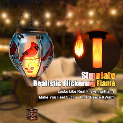 Hot Air Balloon Solar Lantern - Cardinal Bird Glass Lantern, Simulated Flickering & Dancing Flame, Outdoor Hanging Yard Light Waterproof IP65 for Patio Lawn Porch Decor Gift