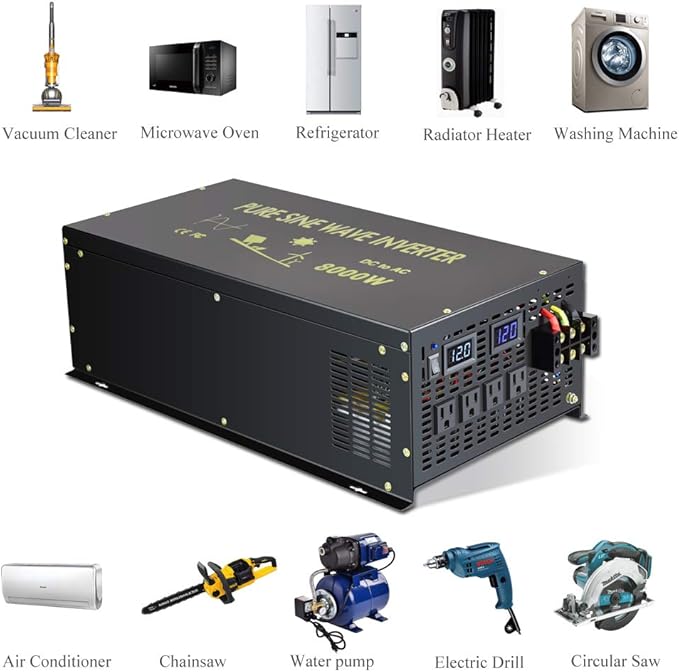 WZRELB 8000 Watt Max Continuous Power 16000 Watt Peak Heavy Duty Pure Sine Wave Inverter 24V DC to 120V AC 60HZ Truck/RV Converter Solar & Wind Power Supply for Home Camping Van
