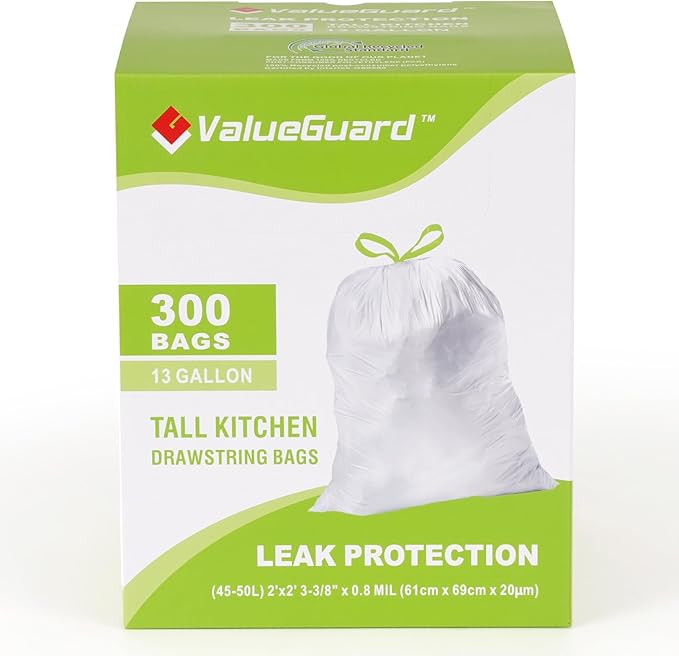 Large Trash Bag 13 Gallon Tall Drawstring 100% Post-Consumer Recycled Garbage Bag Waste Bag for Kitchen Office 0.8 Mil (300 Count)
