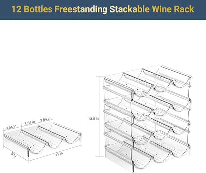 Plastic Water Bottle Organizer and Wine Rack Storage Holder,4 Tier 12 | Containers Stackable Free-Standing Bottle Storage Rack for Kitchen Countertops, Table Top, Pantry, Cabinets, Fridge - Clear