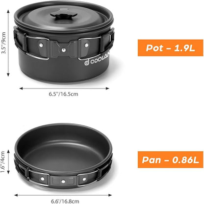 Odoland 16pcs Camping Cookware Mess Kit, with Folding Camping Stove | Anodized Aluminum, for Hiking, Outdoor Cooking and Picnic, 1.9L Pot 0.8L Kettle 0.86L Pan 3000W Stove, Little Compact Pot Set