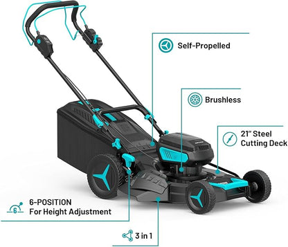 2 * 20V 21 inch Self-Propelled Lawn Mower Cordless, 3-in-1 Brushless Electric Lawn Mower with 6-Position Cutting Height Adjustment, 2 * 8.0Ah Battery & Dual Charger Included