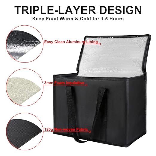 X-Large Insulated Reusable Grocery Shopping Bags, Black+Red, 2 Pack | With Zippered Top, Insulated Food Delivery Bag, Cooler Bag for Travel/Groceries, Frozen/Thermal Catering for Cold/Hot Food