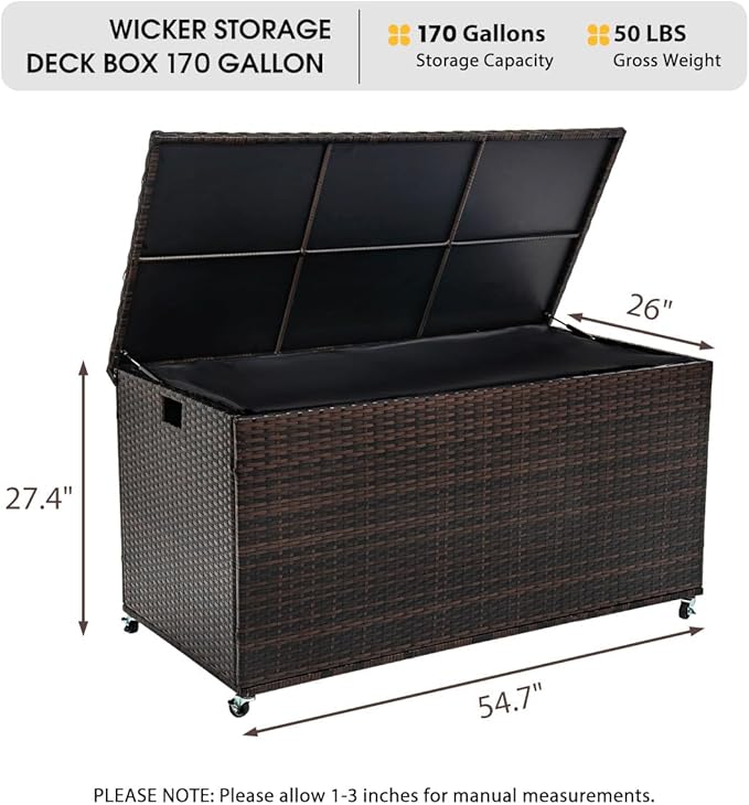 Outdoor 170 Gallon Water-Resistant Wicker Storage Box with Wheels, PE Rattan Deck Box with Waterproof Liner for Outside, Patio Storage Container with Hinged Lid, Horizontal Bin, Brown