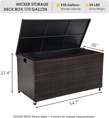 Outdoor 170 Gallon Water-Resistant Wicker Storage Box with Wheels, PE Rattan Deck Box with Waterproof Liner for Outside, Patio Storage Container with Hinged Lid, Horizontal Bin, Brown