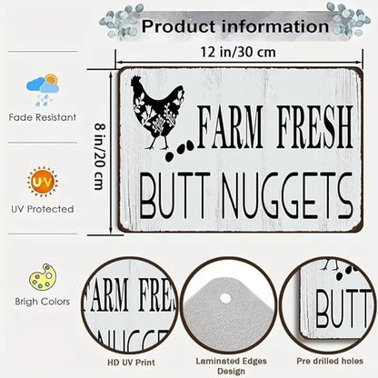 Funny Chicken Gifts Chicken Farm Fresh Butt Nuggets Tin Sign for Home Farm Chicken Coop Farmhouse Kicthen Garden Decor 8 X 12 Inch (3189)