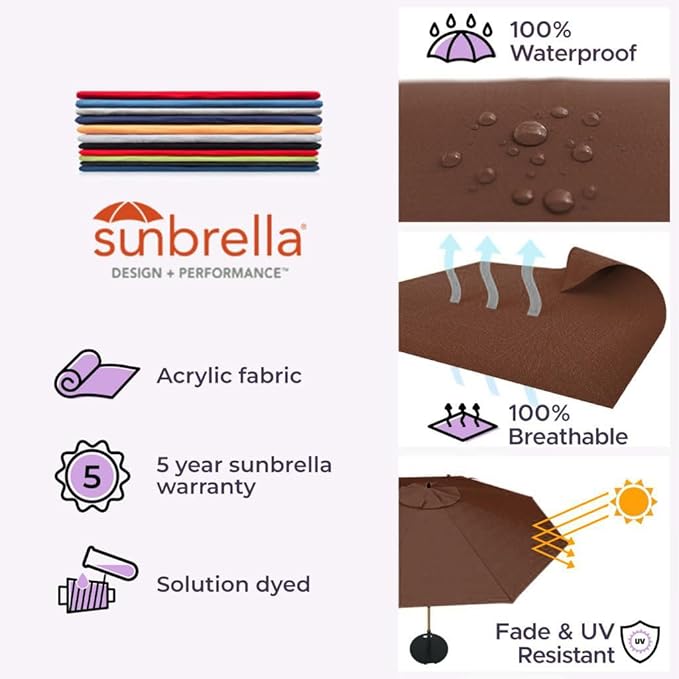 Midtown Umbrellas Push Pop Sunbrella Umbrella 9 Feet Outdoor Umbrella in Bay Brown - Patio Umbrella, Backyard Umbrella, Garden Umbrella, Picnic Table Umbrella & Pool Umbrella - Black Pole