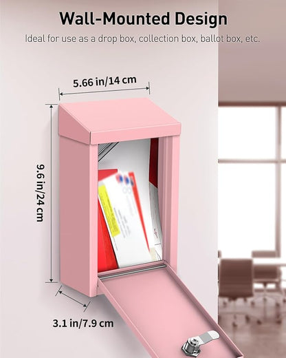 Uniclife Pink Metal Donation Box, Wall Mounted Mailbox for Outside | Safe Suggestion Box with Key Lock, Steel Key Drop Box for Outside, Cash Box for Home Office and Business