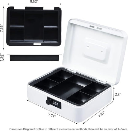 KYODOLED Large Cash Box with Combination Lock,Safe Metal Box for Money, Storage Lock Box with Money Tray,9.84"x 7.87"x 3.54" White Large
