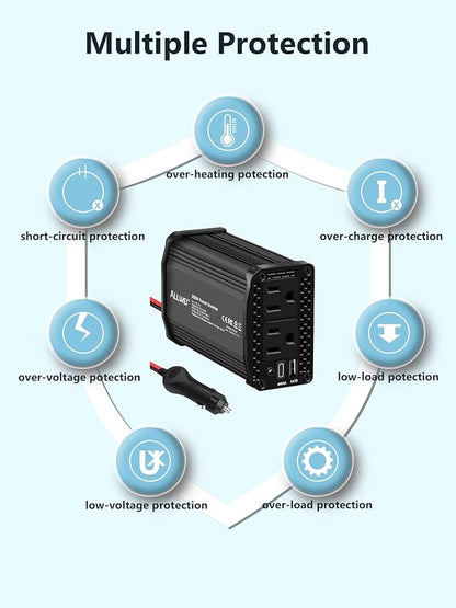 ALLWEI 300W Power Inverter 12V DC to 110V AC Car Plug Adapter Outlet Converter with 65W PD USB-C &18W USB-A Fast Charger, Car Cigarette Lighter Adapter for Laptop Tablets Phones - Portable - Black