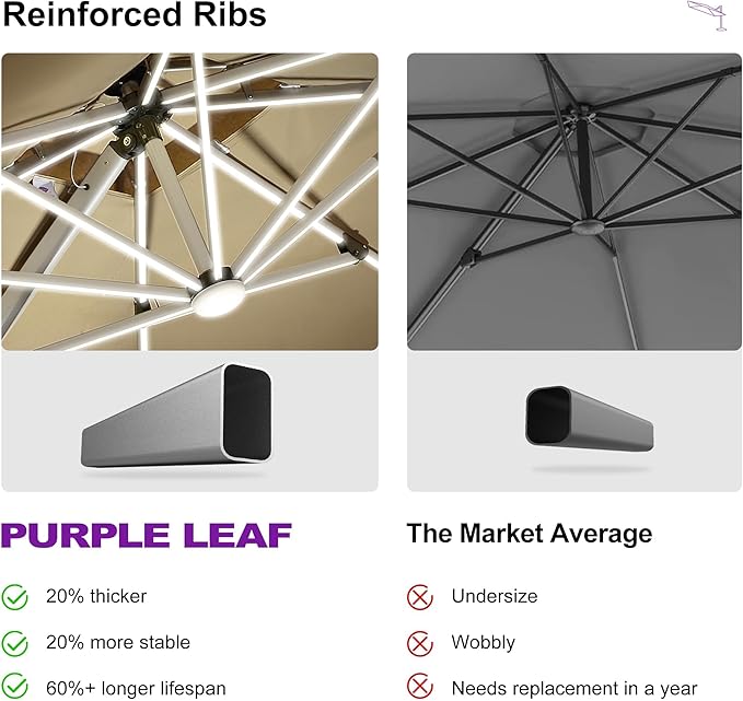 PURPLE LEAF 9' X 12' Solar Powered LED Patio Large Umbrella Offset Double Top Hanging Umbrella Outdoor Market Umbrella for Garden, Deep Beige