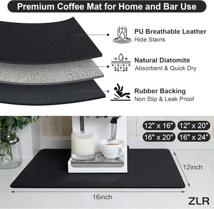 ZLR Coffee Bar Mat for Keurig & Nespresso, 12"x16" Small, Black | Absorbent Dish Drying Mat, Stain-Hiding PU Leather Top, Non-Slip Rubber Back, Heat-Resistant, Fits Frother & Pour-Over