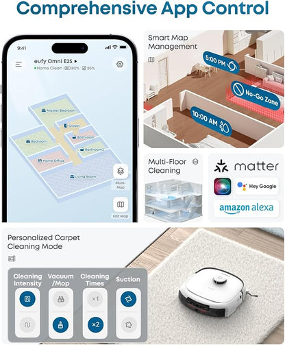 eufy Robot Vacuum E25, HydroJet System with Roller Mop, 20,000 Pa Turbo Suction, All-in-One Robot Vacuum and Mop Combo, Edge-to-Corner Cleaning, Zero-Tangle Design, AI Obstacle Avoidanced, White
