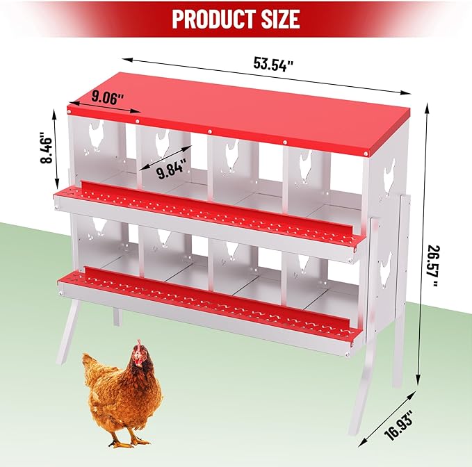 8 Holes Chicken Nesting Boxes, 2 Tiers 8 Compartments Metal Egg Laying Boxes with Legs, Wall Mount or Free Standing, Ventilated for Chickens, Hens, Ducks, Farm, Yard, Poultry Coop Accessories, Red