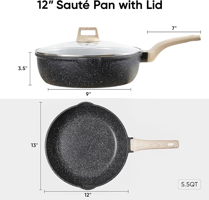 CAROTE 12 Inch Nonstick Deep Frying Pan with Lid, 5.5 Qt Black Granite | Kitchen Non-Toxic PFOA Free Cookware, Covered Sauté Pans All Stovetops Compatible, Easy to Clean