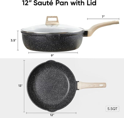 CAROTE 12 Inch Nonstick Deep Frying Pan with Lid, 5.5 Qt Black Granite | Kitchen Non-Toxic PFOA Free Cookware, Covered Sauté Pans All Stovetops Compatible, Easy to Clean