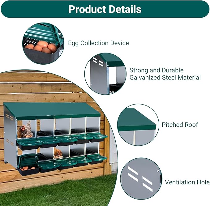 Chicken Nesting Box, 10-Hole Metal Wall Mount Chicken Laying Boxes with Legs and Lid Cover, Easy to Assemble, Roll-Away Egg Design Nesting Boxes for Outdoor Chicken Coop & Farm Yard, Green