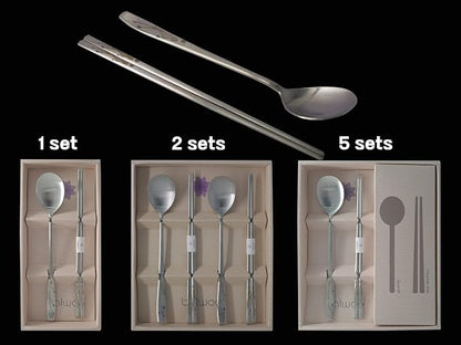 [1 Set] [Made in Korea] Orchid Design Korean Style Sticky Rice Spoon Chopsticks Set Silverware Set 304 Stainless Steel Cutlery Set Soup Spoon Ramen Chopsticks Flatware (1 Set)