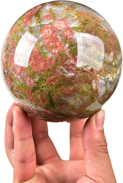 JIC Gem Crystal Sphere Balls Unakite Healing Crystal Ball with Wood Base for Reiki Chakra Decor (100-110mm)