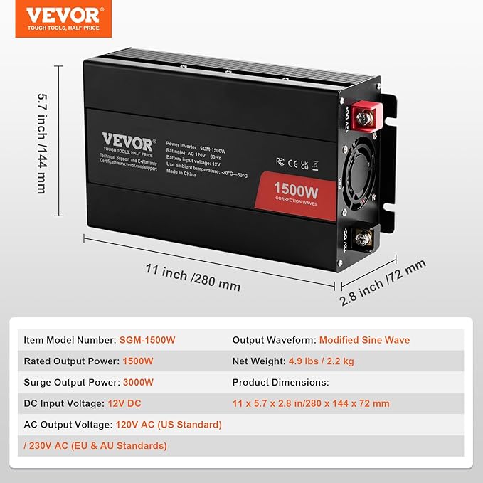 VEVOR Modified Sine Wave Inverter, 1500W Power Inverter DC 12V to AC 120V with 2 AC Outlets 2 USB Port 1 Type-C Port 6 Spare Fuses, for Small Home Devices Like Smartphone Laptop, CE FCC Certified