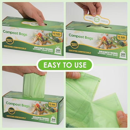 10-13 Gallon Compostable Trash Bags with Drawstring, Heavy Duty Extra Thick 1 Mil, 49.21 Liter, Tear Resistant & Odorless Kitchen Food Scrap Waste Bag, US BPI and OK Compost Home Certified (30 Count)