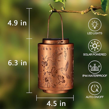 2 Pack Solar Lanterns Outdoor Waterproof Garden Decor Birthday Gifts for Women Mon Grandma Metal Hanging Solar Lights Decoration for Outside LED Lanterns for Yard Patio（Hummingbirds）