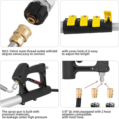 22 FT Telescoping Pressure Washer Wand with Power Washer Extension Wand, Gutter Cleaner Attachment, 5 Spray Nozzle Tips and 2 Hose Inlet Adapters