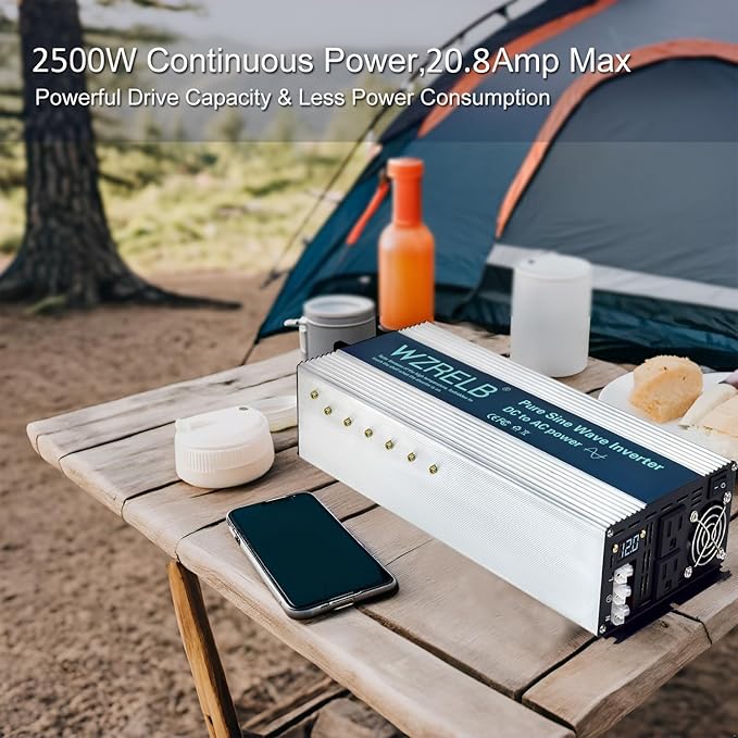 WZRELB 2500W Pure Sine Wave Inverter, Car Power Inverter 24V DC to 110V 120V AC Converter for RV, Truck, Solar, Outdoor with Dual AC Outlets, Hardwire Port, Surge 5000W, LED Display,Off-Grid