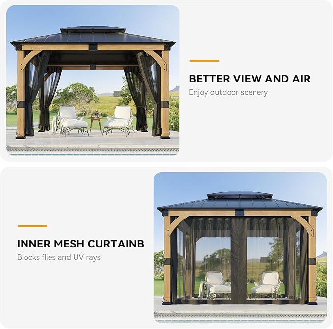 10x12 ft Cedar Wood Gazebo with Translucent roof, Hardtop Gazebo with Galvanized Steel Double Roof and Mosquito Netting, Heavy Duty Pavilion for Patio Lawn and Garden