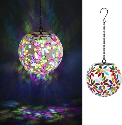 VCUTEKA Hanging Solar Lanterns Mosaic Solar Lights with Hook Up, Outdoor Garden Lights Decor for Yard Tree Fence Patio, Multicolor