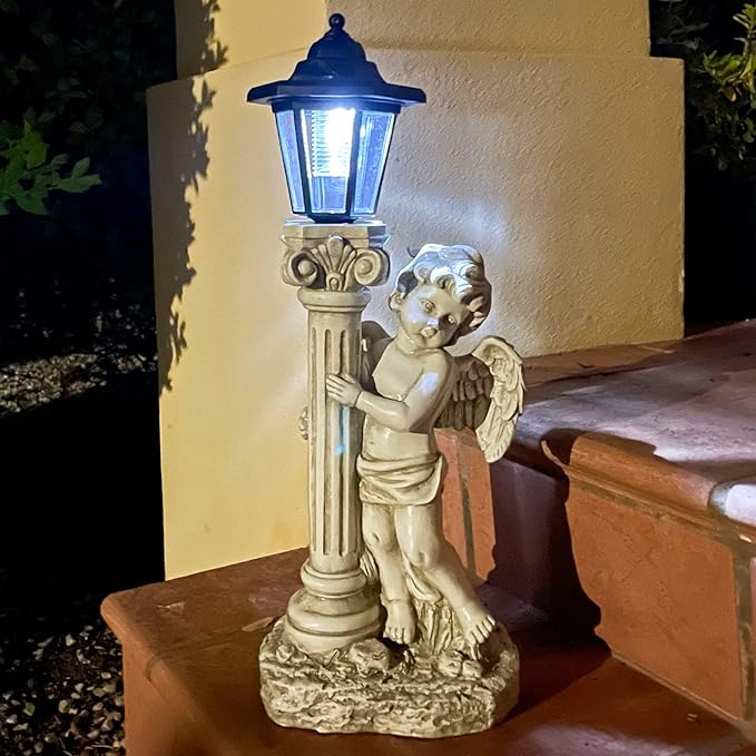 Angel Statue with Solar Lights (Right) 19.7 Inch, Outdoor Solar Angel Garden Statue with Roma Pillar for Garden Lawn Deocr, Christian Religious Gift