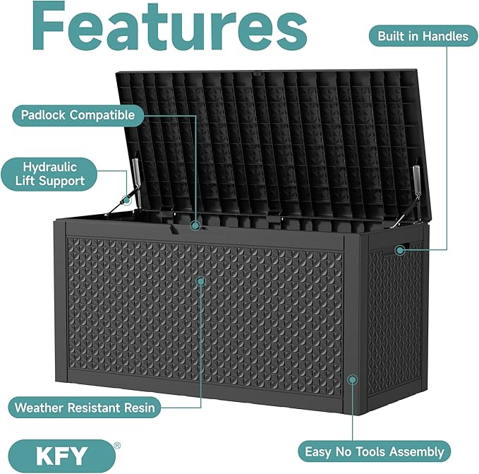 100 Gallon Waterproof Outdoor Storage Box, UV Resistant Resin Deck Box with Hydraulic Rod for Reinforced Stability, Perfect for Patio, Garden, and Pool, Quad Leaf Black